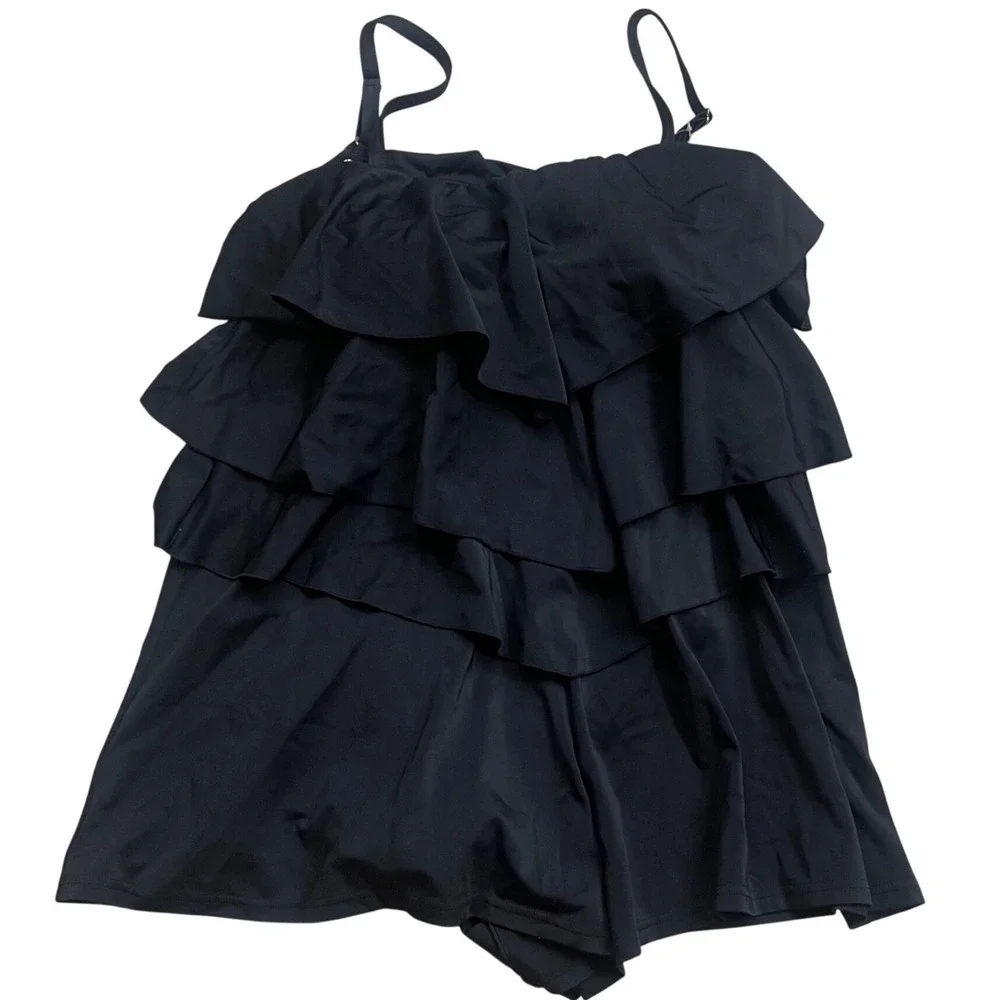 Cacique Swim Black Tiered Ruffle Swim Dress Wireless Support Size 18 NWT
